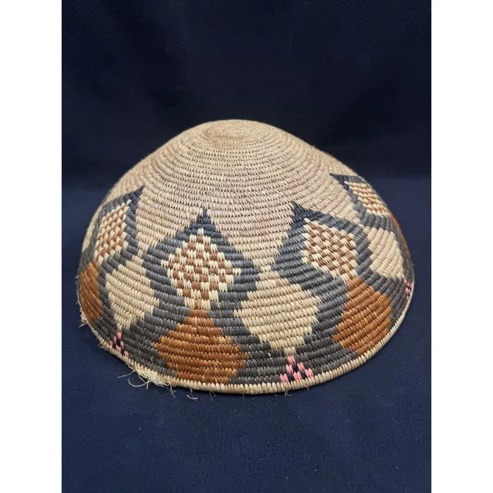 Vintage African Tribal Geometric Coiled Bowl Basket 14” Brown Tan Pink